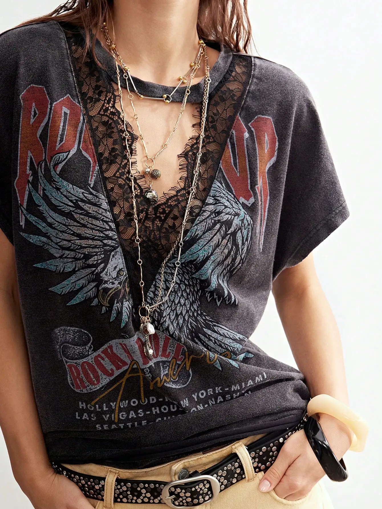 Women's Letter Print Lace Patchwork Casual Streetwear Versatile Everyday Outing T-Shirt Concert Teal Summer
