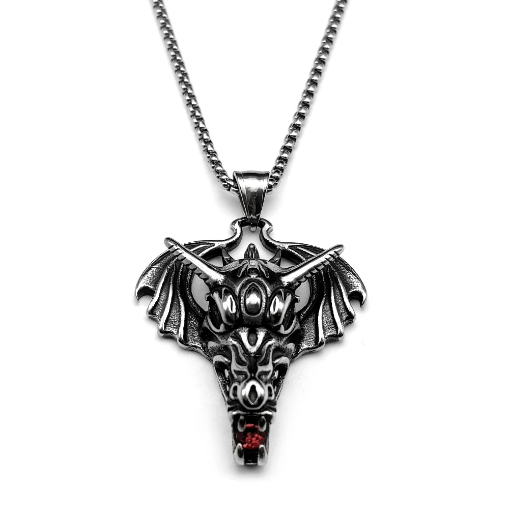 Gothic Dragon Head Wings Red Rhinestone Stainless Steel Pendant Necklace for Women Men Silver Color Vintage Jewelry Amulet Gift