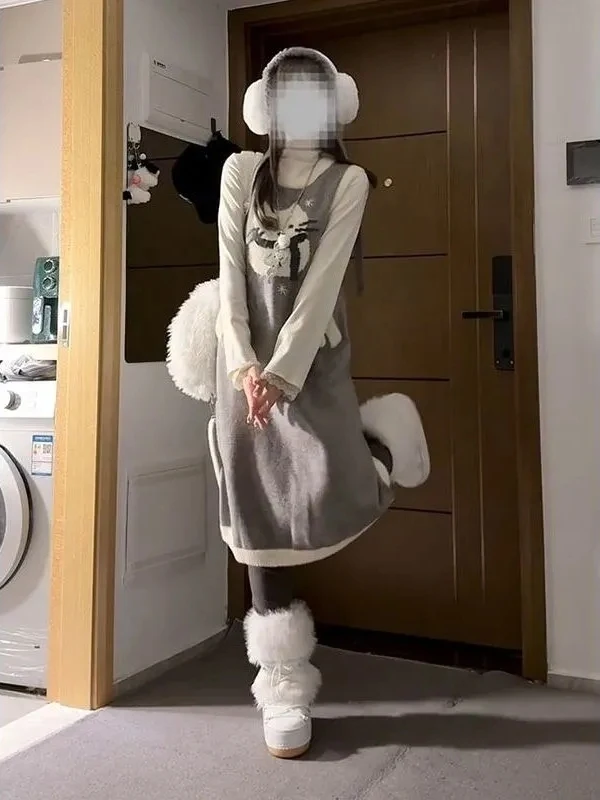 

Korean College Sle ay Snowman Embroidered Knitted Vest Dr Winter Layering High Collar Top Bot Set Women's Faion