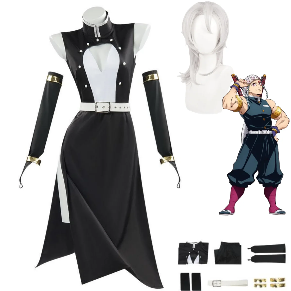 أنيمي Uzui Tengen تأثيري حلي شعر مستعار فريق موحد شق أسود بلا أكمام فستان الكبار امرأة مثير كرنفال بدلة تنكرية