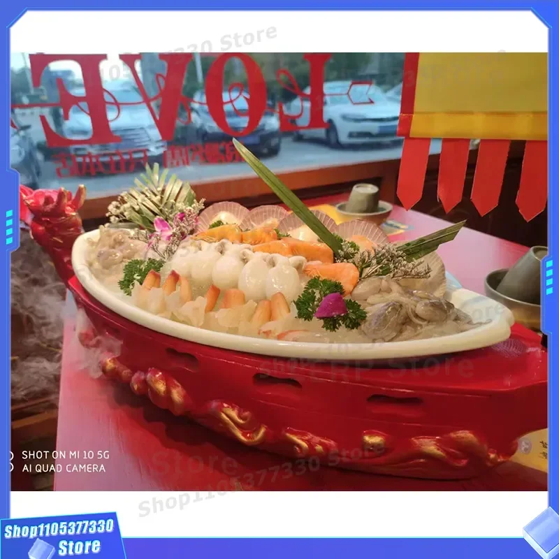 Creative Red Dragon Boat Shaped Plate for Hot Pot Restaurant Sashimi Serving Dish with Dry Ice Smoke Effect Unique Tableware