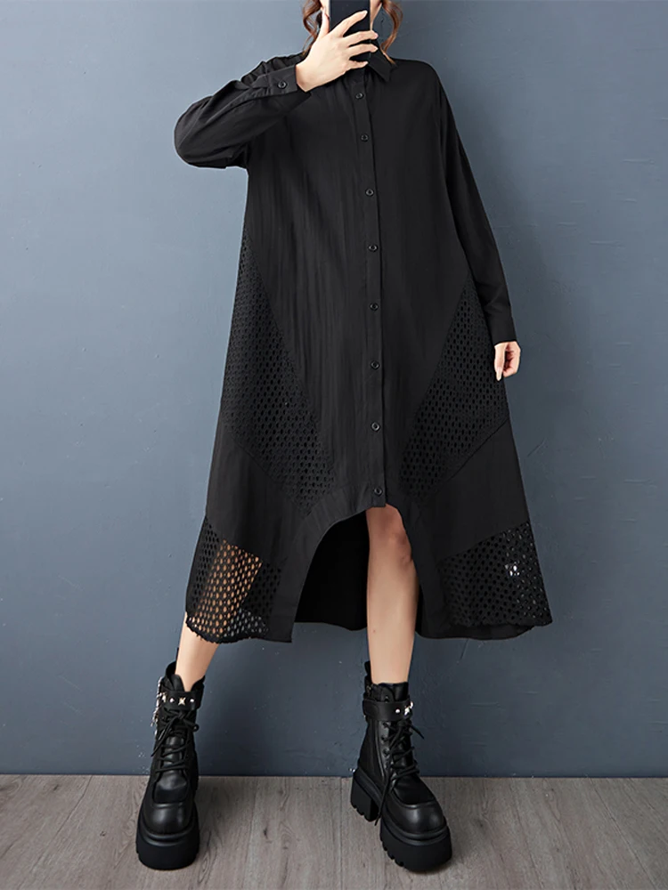 NYFS Abito camicia patchwork in rete vintage allentato taglie forti Autunno 2025 Abito da donna a maniche lunghe