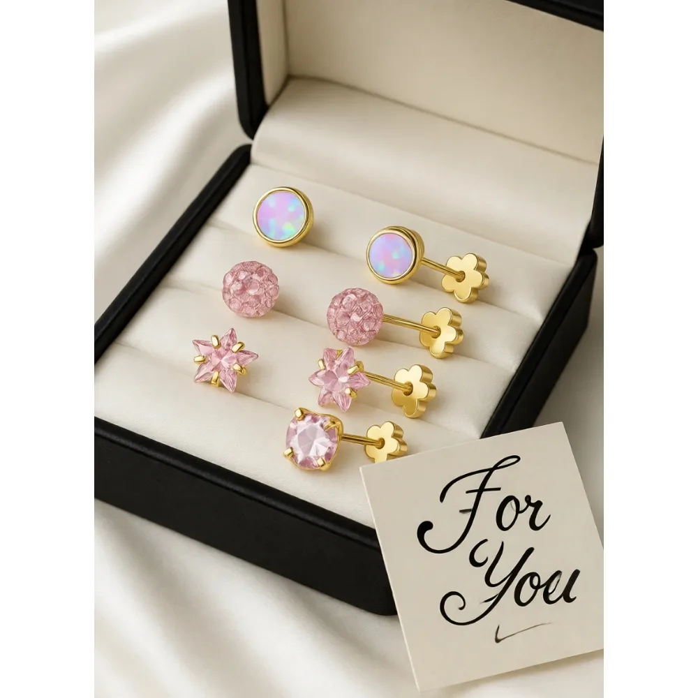 

4 пары золотых сережек-гвоздиков для женщин, гипоаллергенные, из нержавеющей стали, с плоской задней частью, в форме сердца, звезды, опаловые, для хряща