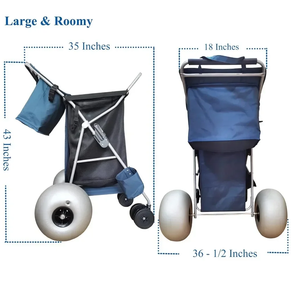 Beach Cart Balloon Wheels, 13 Inch Holds Four, Folding Chairs Pump Included, Collapsible Buggy Sand