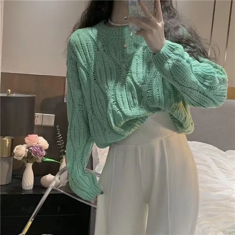 Women Pullover Soft Cable Knit Crop Sweater Long Sleeve Crew Neck Box-fit Plain Jumper Teen-girl Fall Winter Basic Outfit