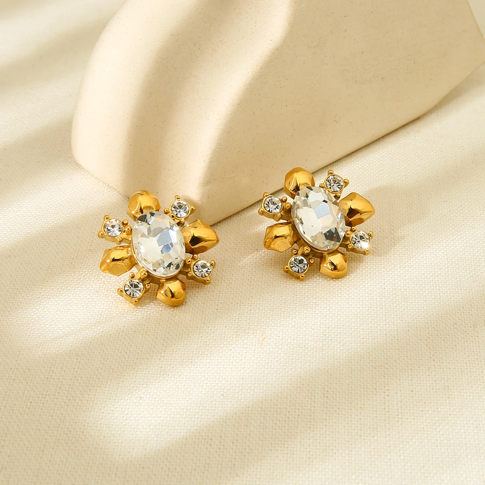 Luxury Bling White Rhinestone Stainless Steel Flower Stud Earrings Gold Color Temperament Metal Waterproof Jewelry for Women