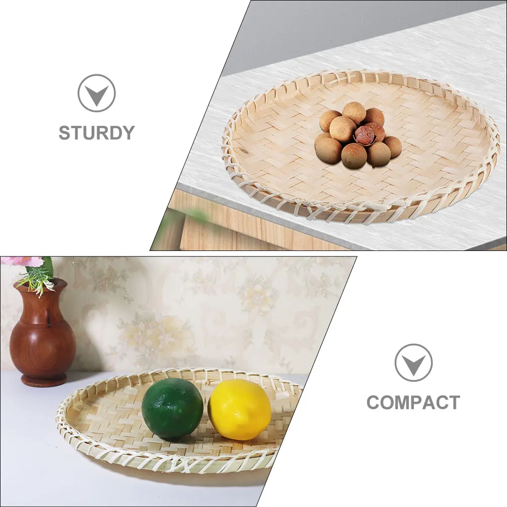 

3pcs Bamboo Woven Tray Round Fruit Basket Flat Storage Organizer For Kitchen Home Café Bread Snacks Candy Holder