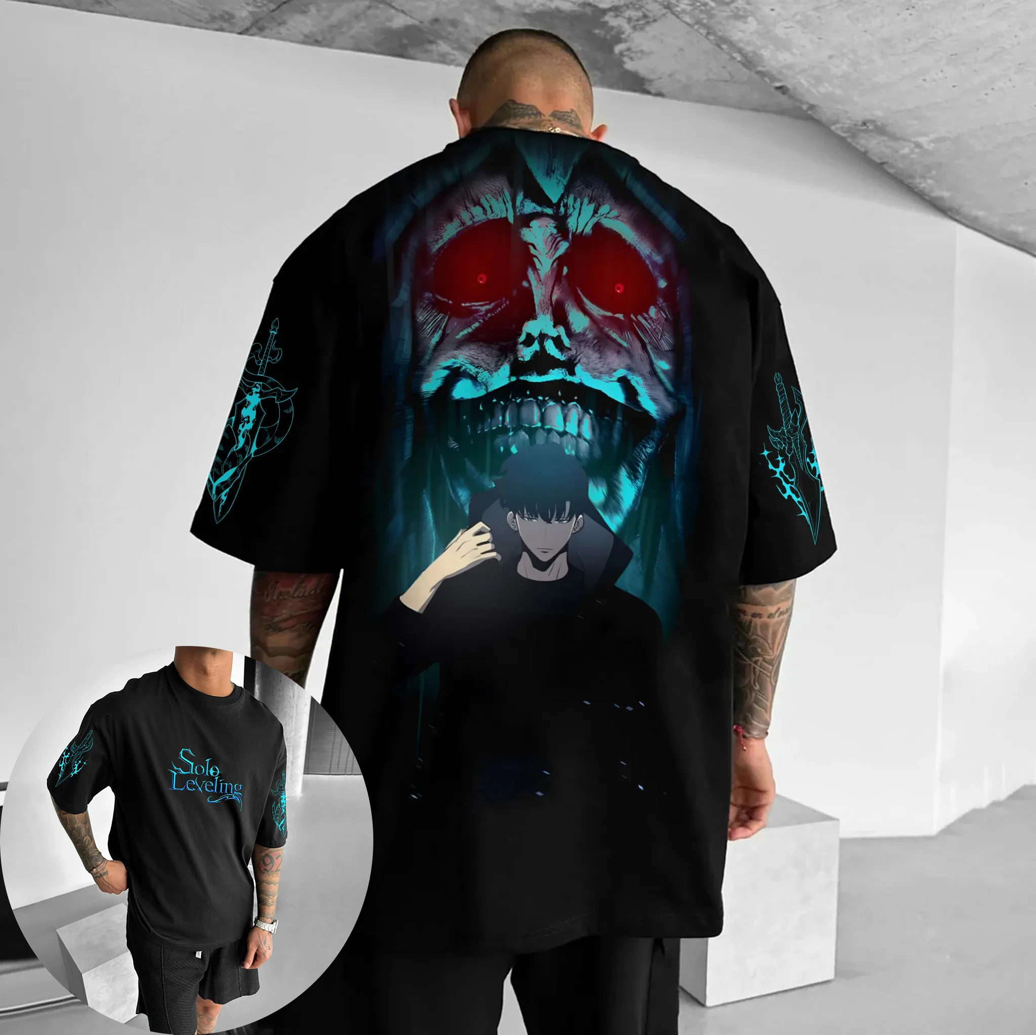 سولو التسوية أنيمي الطرفية تي شيرت 2026 الرجال والنساء الصيف جديد Harajuku كبير عصري Y2K عادية فضفاض الوالدين والطفل