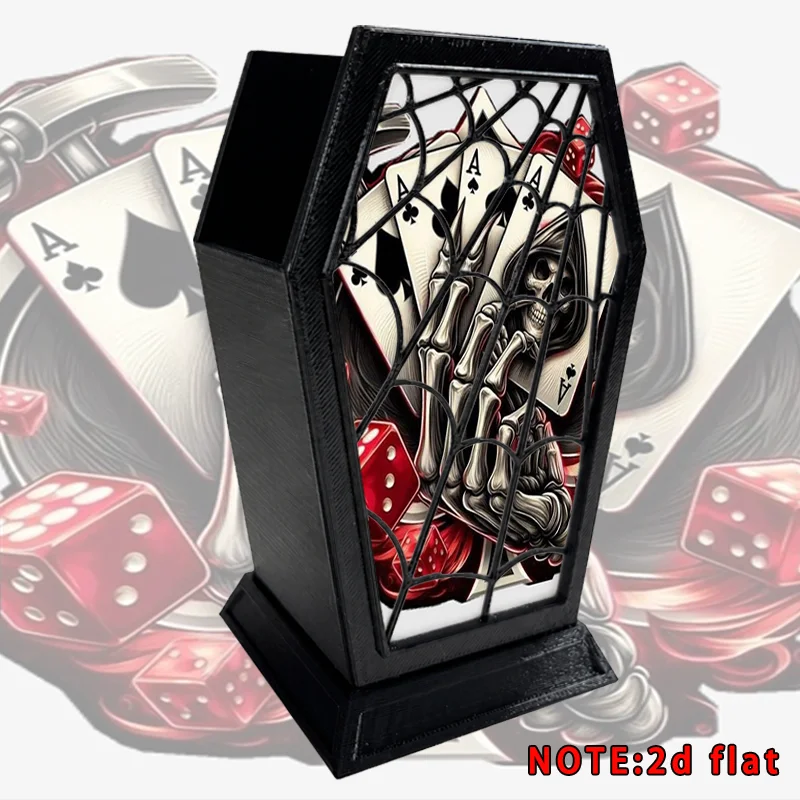 Dark Gothic Desktop Pen Organizer 2D Flat Coffin Frame Skeleton Hands Poker Cards Print Pen Cup Office Stationery Storage Holder