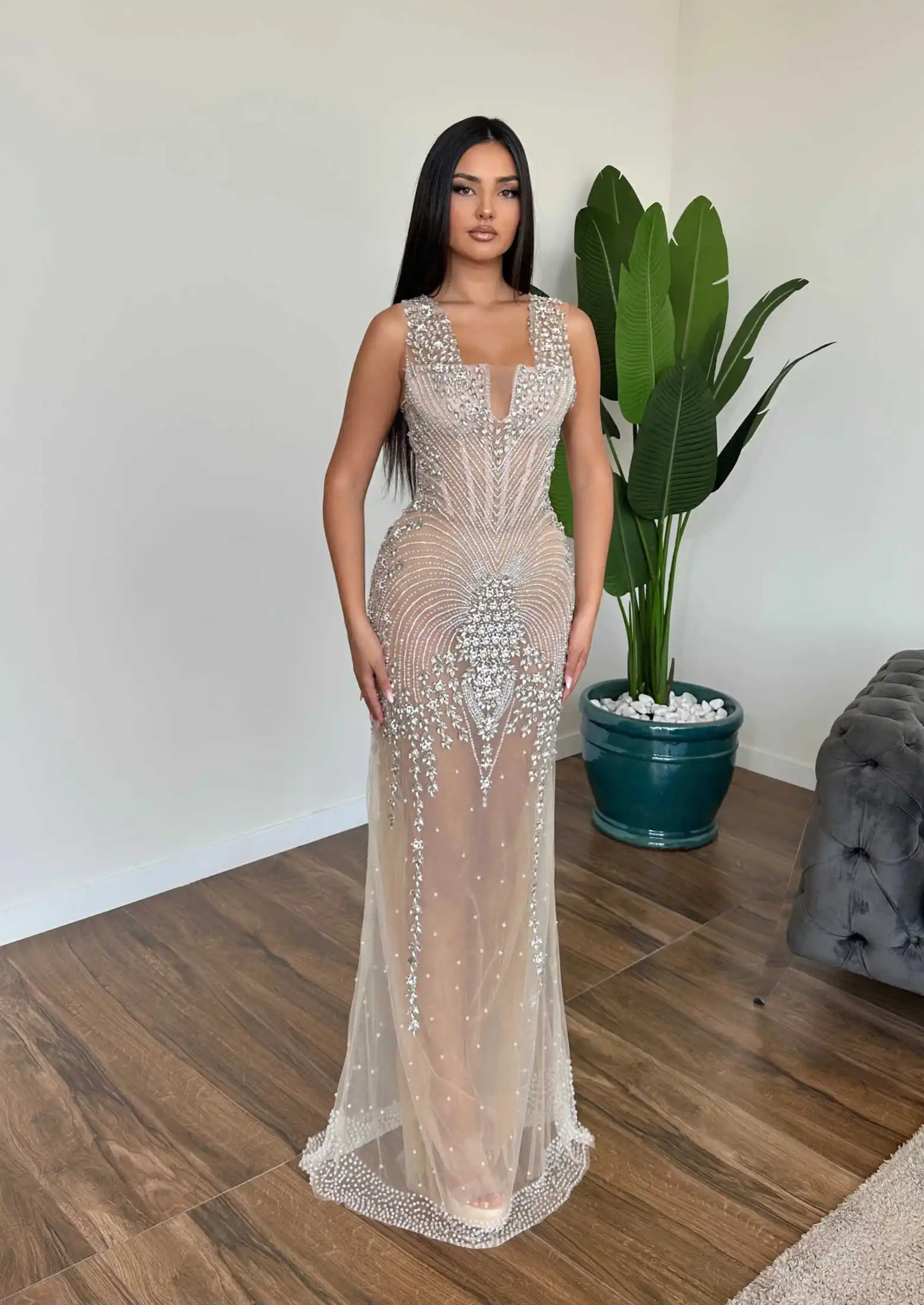 우아한 민소매 비즈 이브닝 드레스, 일루전 크리스탈 스팽글 머메이드 프롬 드레스, 맞춤형 플로어 길이 파티 가운