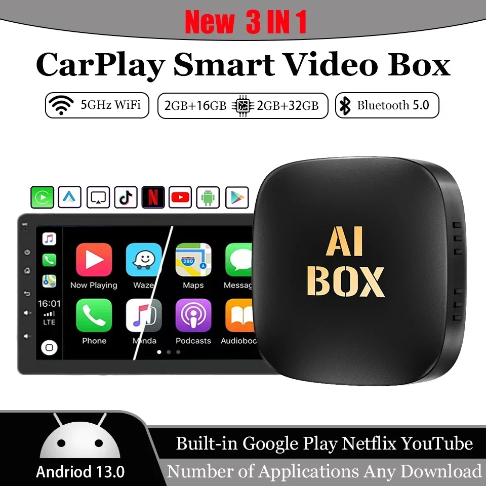 New CarPlay Mini Ai Box 2+32GB Android13 Support Netflix YouTube Google Play Wireless Carply Android Auto 3in1 for 98% of cars