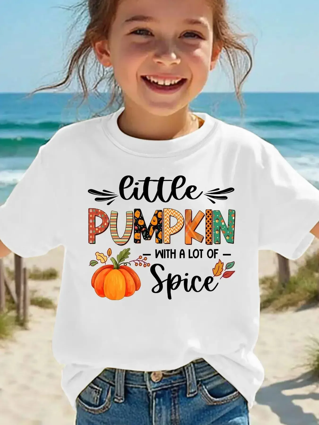 Kids Girl Little Pumpkin Spice Graphic Short Sleeve T Shirt White O-Neck Tee Autumn Thanksgiving Festival Casual Outfit