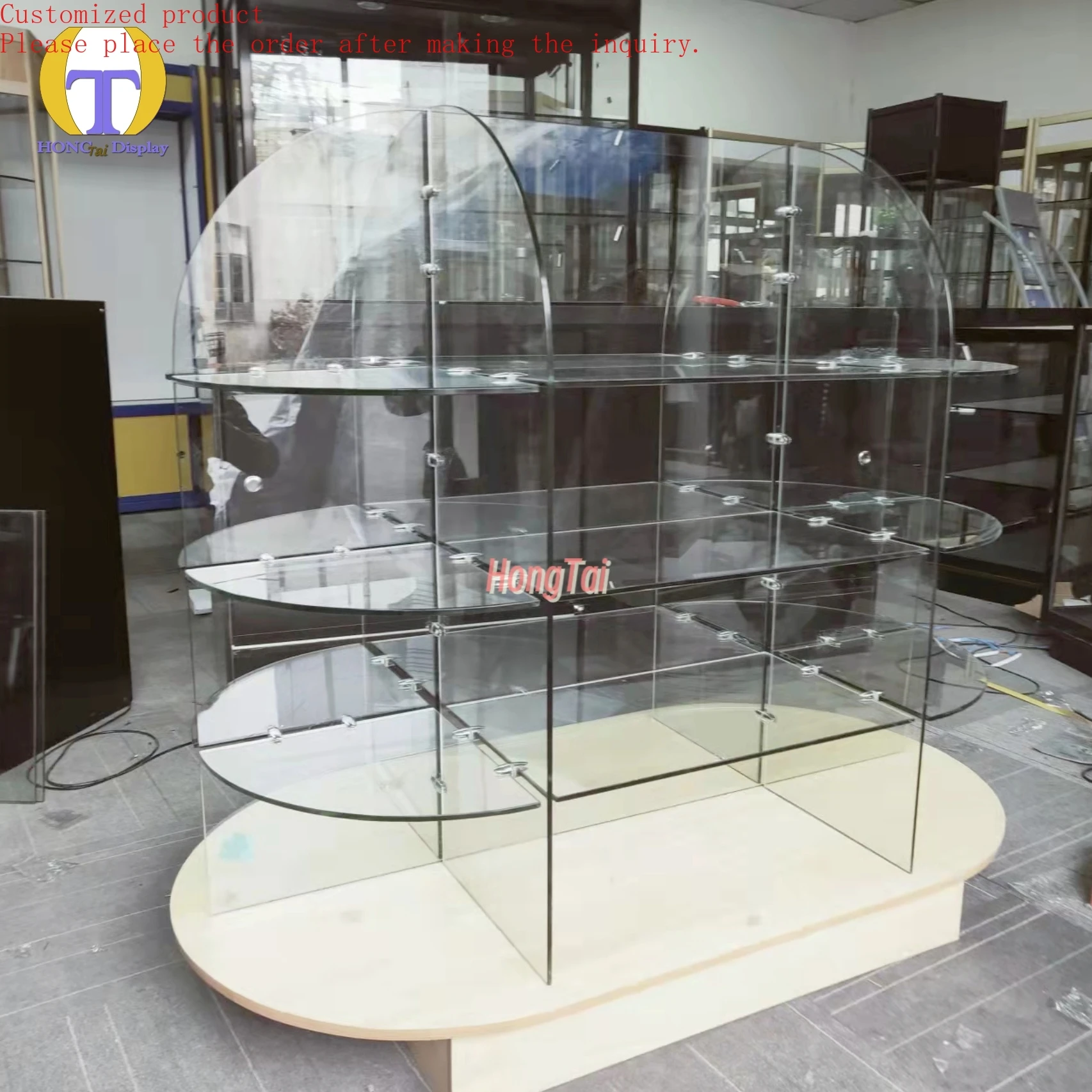 

Custom.High-quality Supermarket Retail Store Display Showcase Frameless Tempered Glass Round Glass Display Case