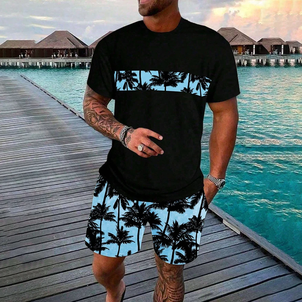 Męski T-shirt na co dzień Zestaw szortów Nowa odzież sportowa 2-częściowy zestaw Topy plażowe z nadrukiem 3D Modne stroje Streetwear w stylu hawajskim