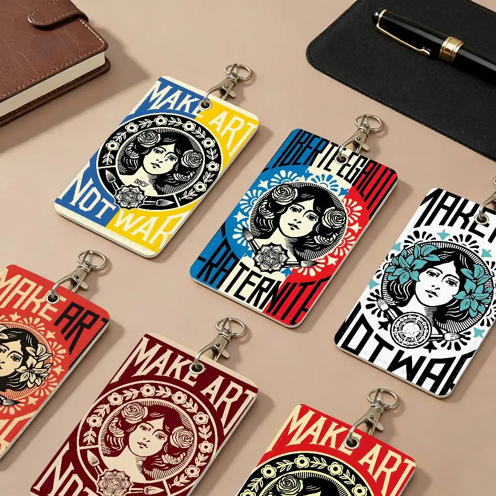 Inspiring Make Art Not War PU Leather Card Holders Anti-lost Student ID Protective Cover Cases Campus Access Cards Key Chain