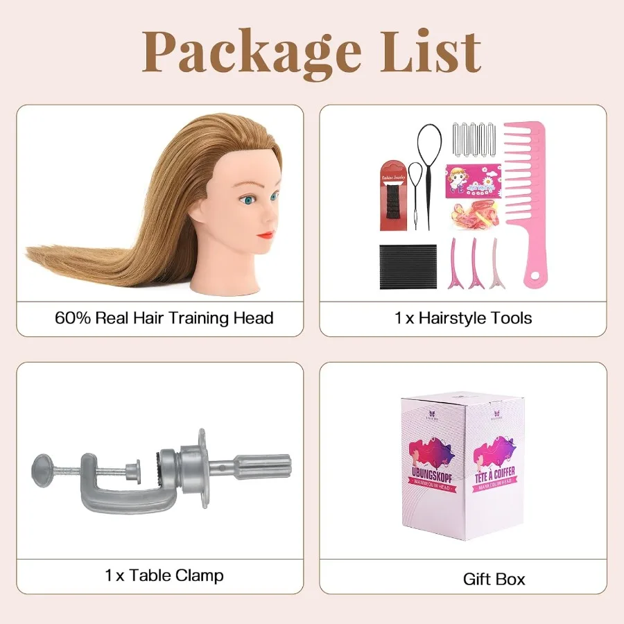 رأس عارضة أزياء للشعر الحقيقي مقاس 28 بوصة 80 لتدريب التجميل وممارسة التصميم مثالية لتقنية تجديل وتجعيد الشعر والقطع
