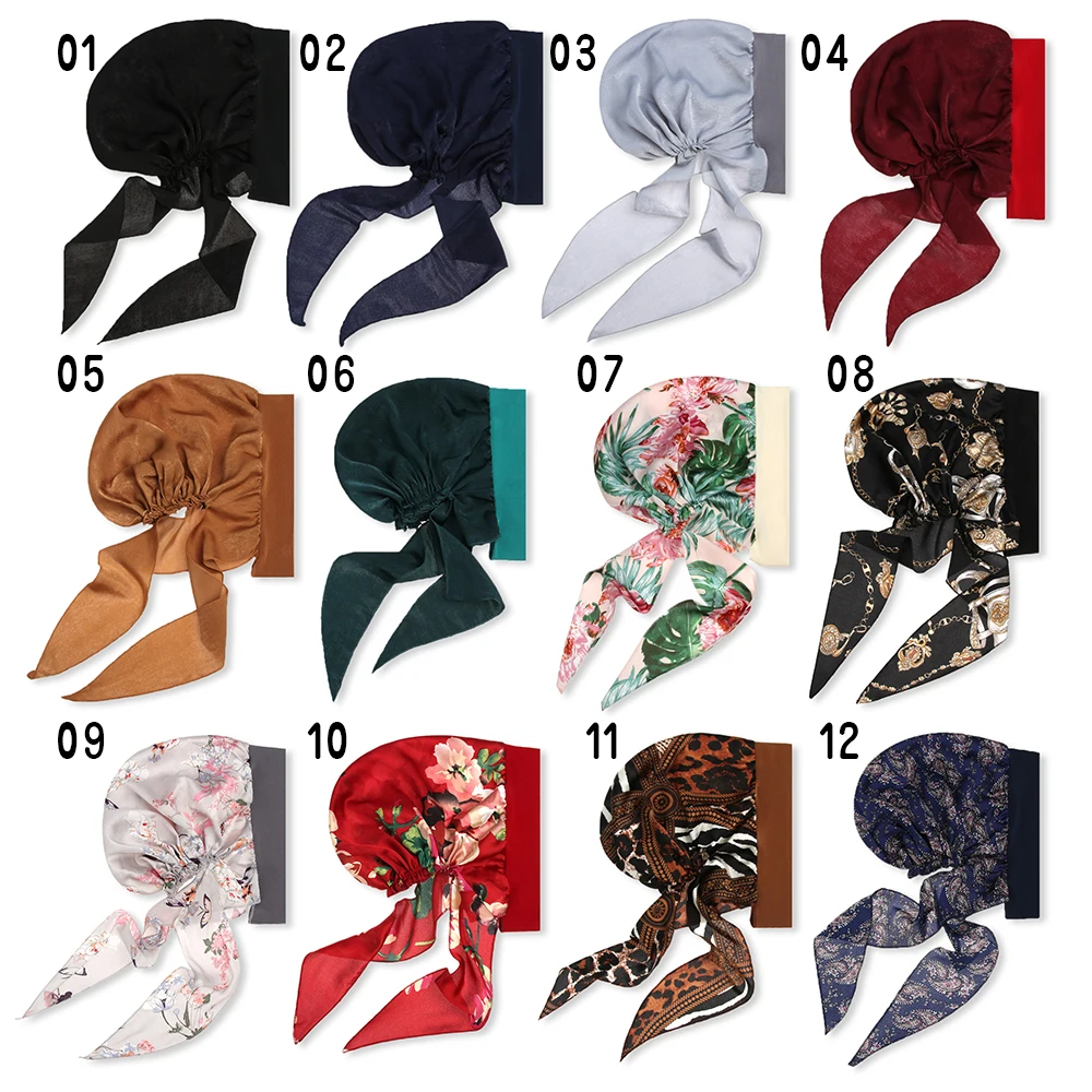 Adjustable Printed Elastic Pre-Tied Cancer Head Scarf Muslim Turban Hair Loss Hat Chemo Pirate Cap
