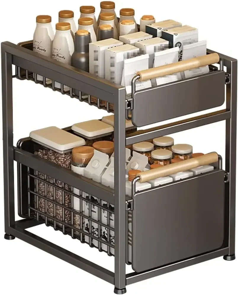 

Gray Double Layer Large Pull Out Storage Organizer Slide Out Kitchen Cabinet Shelves Under Sink Drawer Mesh Basket Bathroom Home