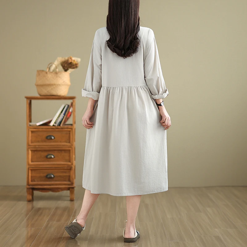 2025 Primavera Verano Color sólido cuello vuelto vestido acampanado de mujer vestidos camiseros casuales de manga larga ropa elegante de moda