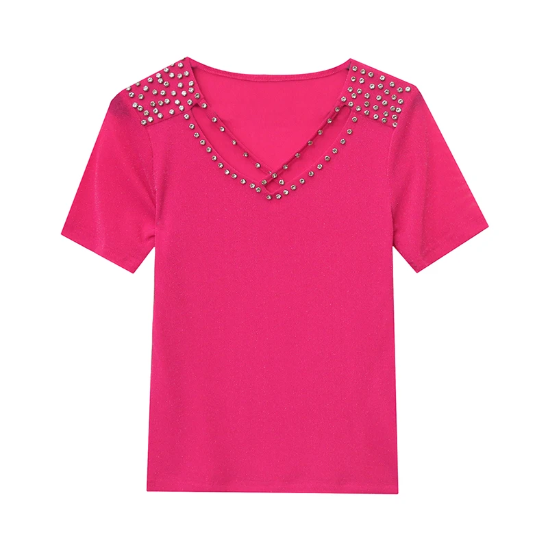 Letnie ubrania Nowa koreańska koszulka damska Seksowne wydrążone topy z dekoltem w szpic z krótkim rękawem Casualowa koszula z siatki w kształcie rombu