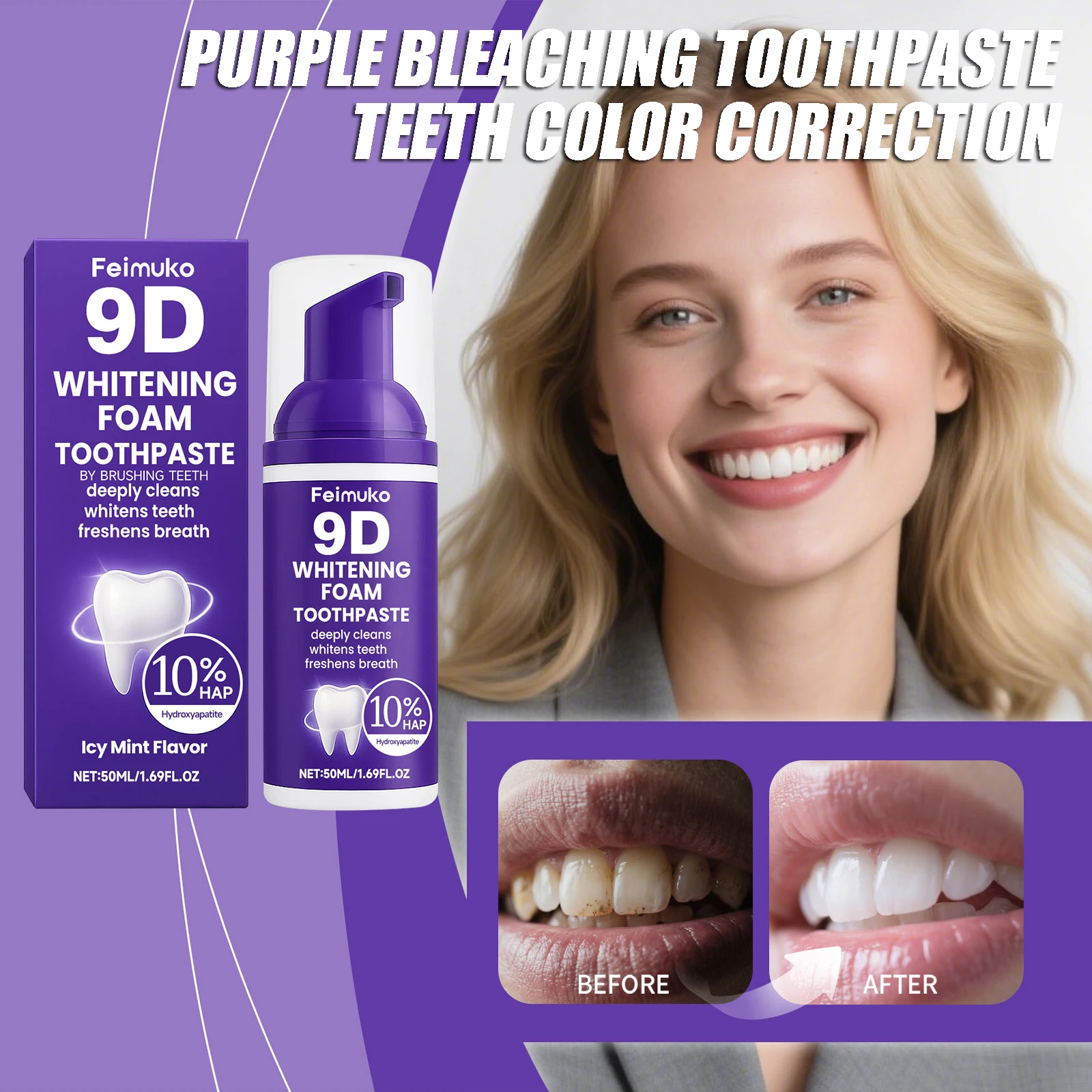 

9D Purple Teeth Bleaching Toothpaste Teeth Color Correction Fresh Protects Gums Strengthens Enamel Instant Bleaching Toothpaste