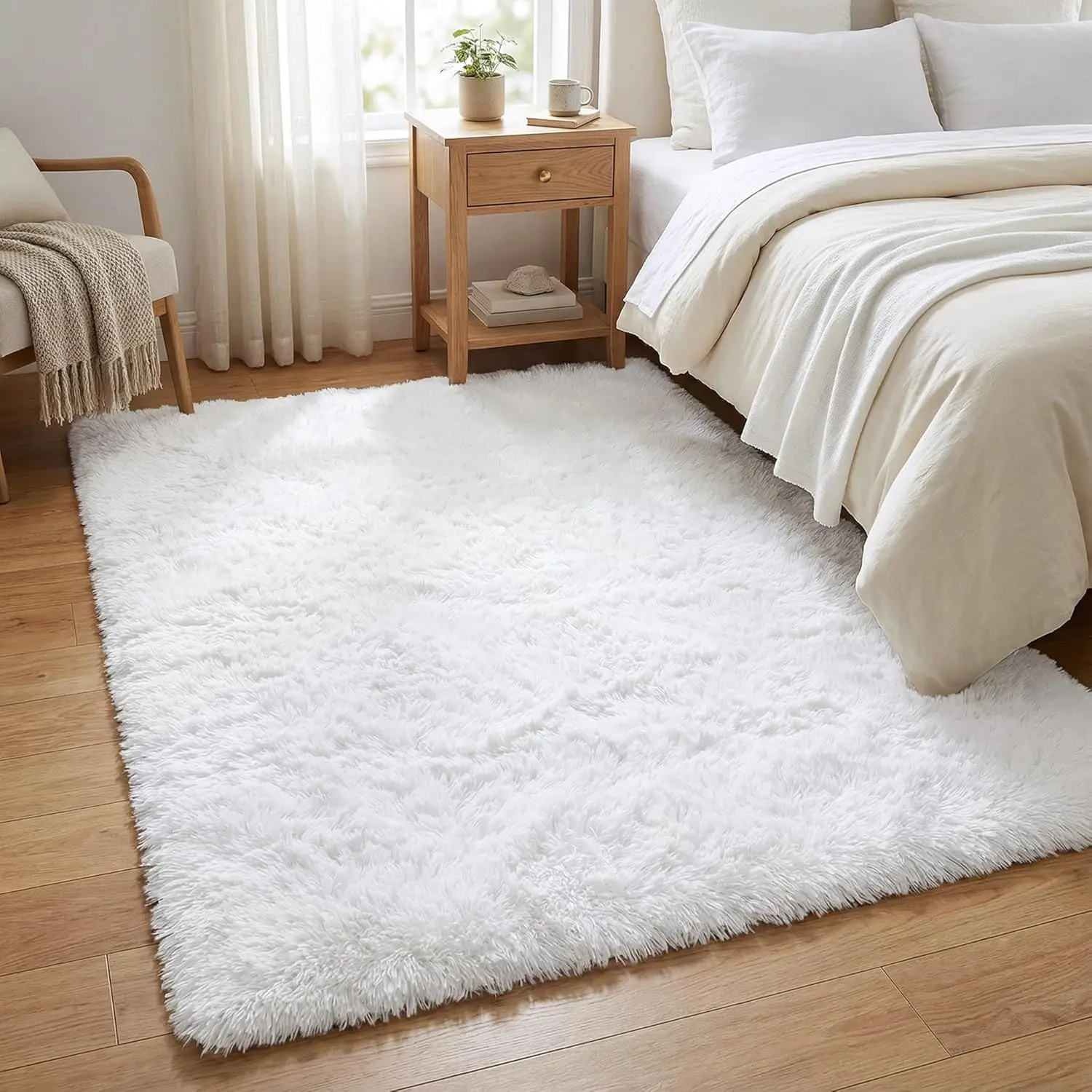 Weißer Flauschiger Teppich Moderner Wohnzimmer-Schlafzimmer-Teppich Heimdekoration Bettvorleger Mädchen-Kinderzimmer Rosa Flauschiger Teppich