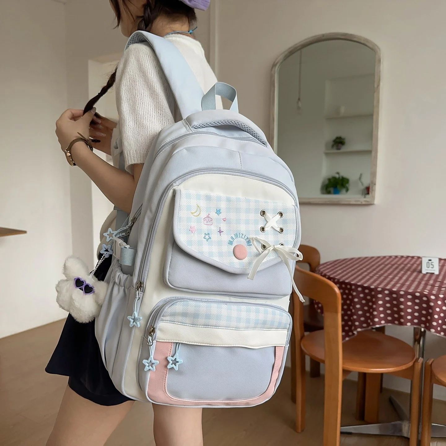 Large Capacity Plaid Double Shoulder Bag Casual Ins Style Backpack for Junior High School Students Multi-Functional Bag