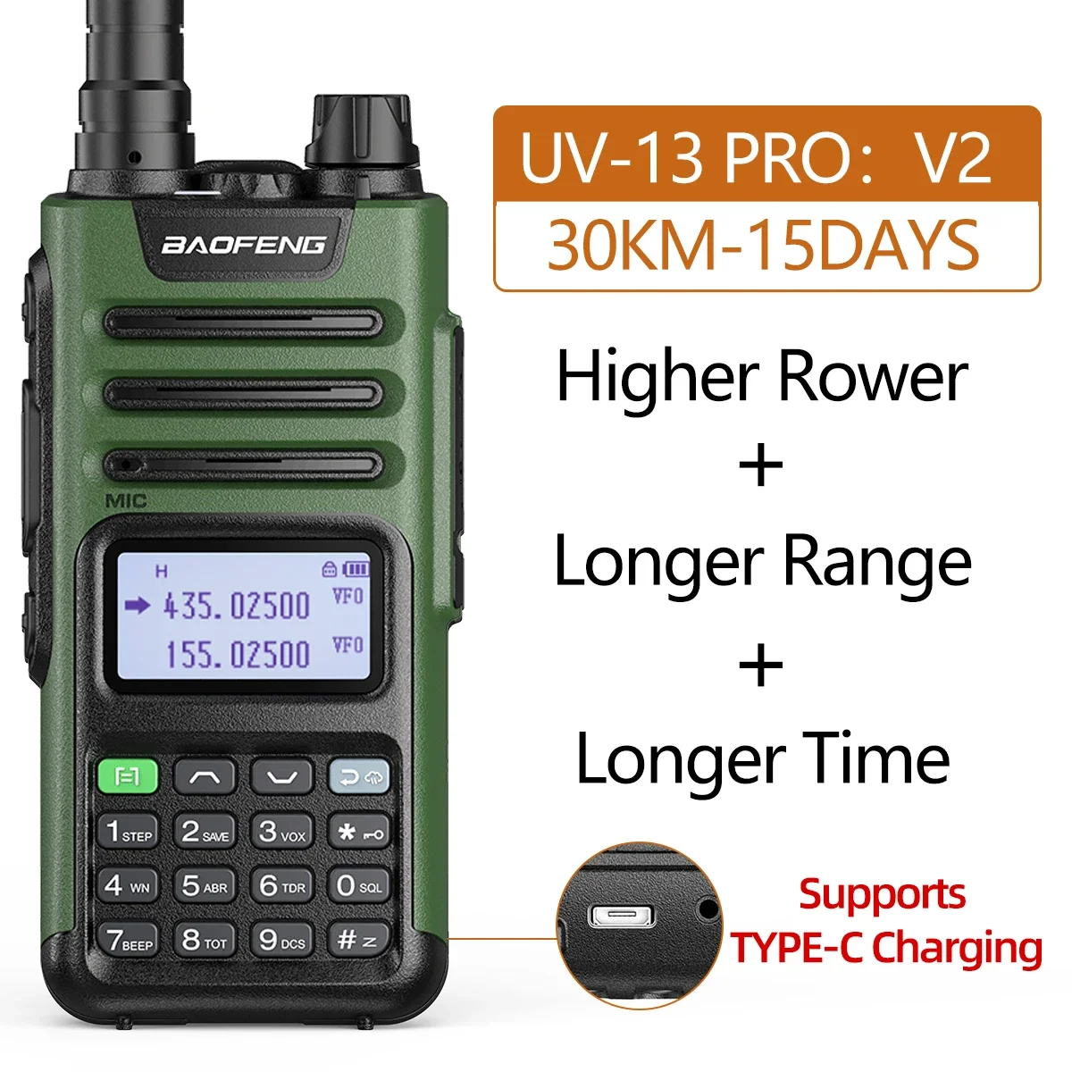 BaoFeng UV-13 PRO V1 V2 Walkie Talkie tipe C, tranceiver Ham Radio dua arah kekuatan tinggi Tipe C pengisi daya 16 KM jarak jauh UV13