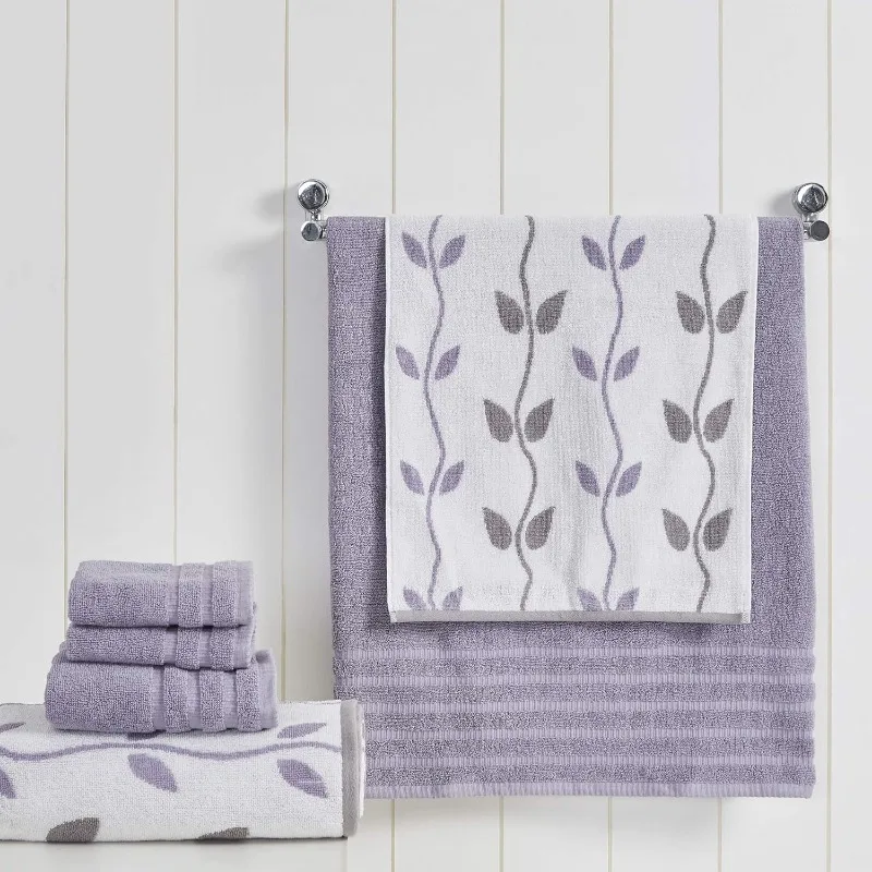 Modern Threads 6-Piece Yarn Dyed Organic Vines Jacquard/Solid Ultra Soft 500GSM  Combed Cotton Towel Set [Grey Lavender]