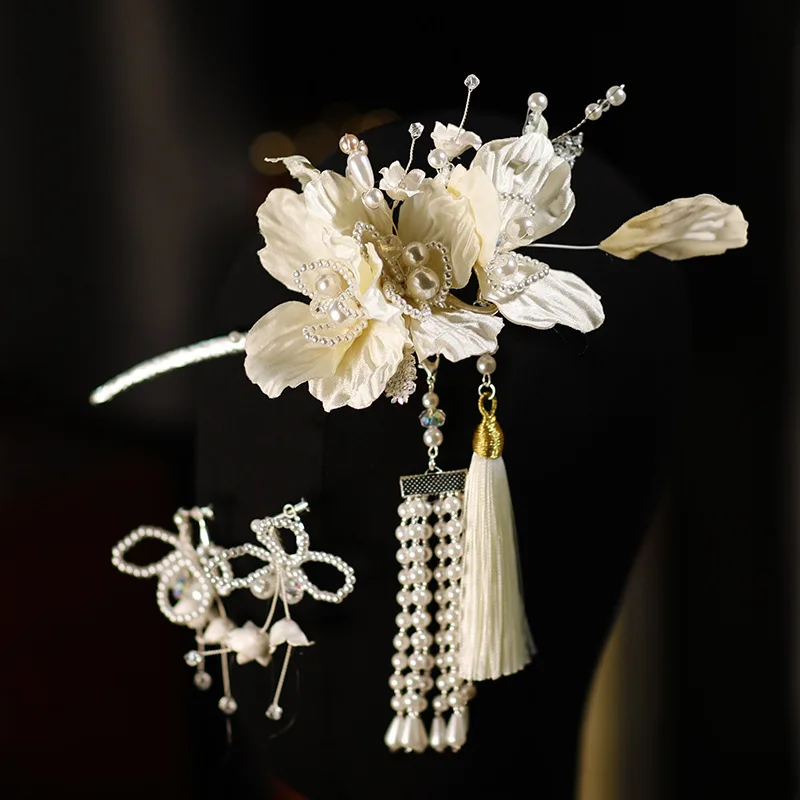 جديد النمط الصيني اليدوية البيج زهرة الزفاف غطاء الرأس الصباح العباءات الكلاسيكية شرابة دبوس الشعر ماكياج اكسسوارات مجموعة