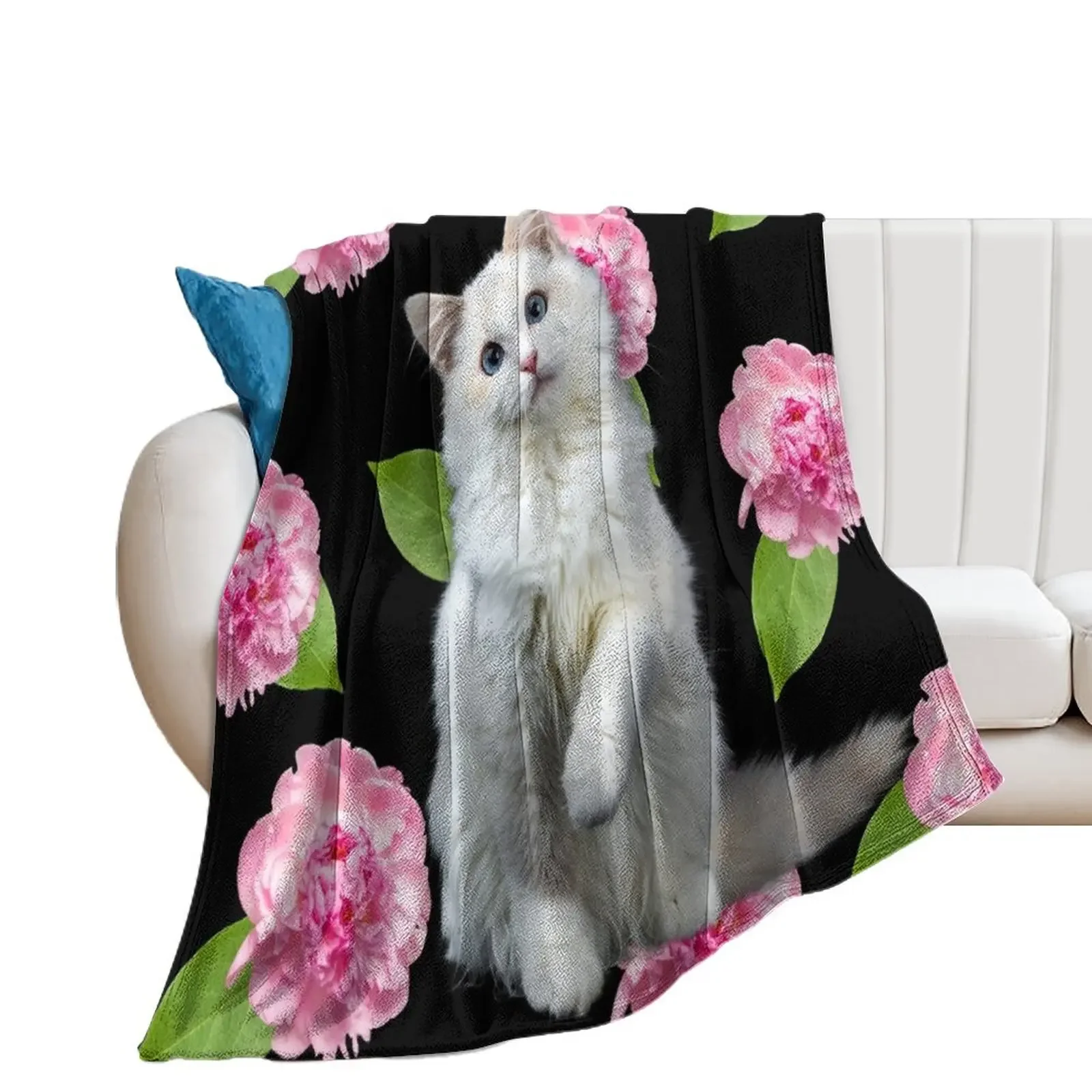 White Kitten and Pink Peonies Flowers Plants Throw Blanket valentine gift ideas Picnic Polar Luxury Thicken Blankets