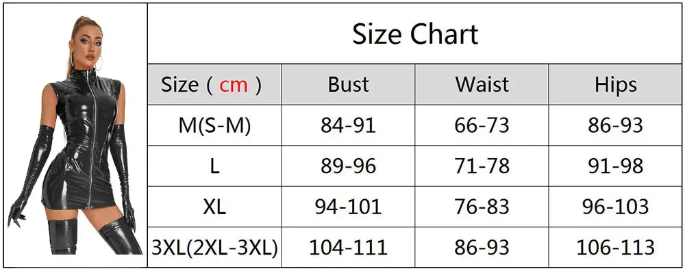 Damen Plus Size Sexy Glänzendes Lederkleid Ärmellos Reißverschluss Catsuit Offener Hüftbereich Mini-Rock Bühnen-Maskerade-Cosplay-Rock – Detail 1