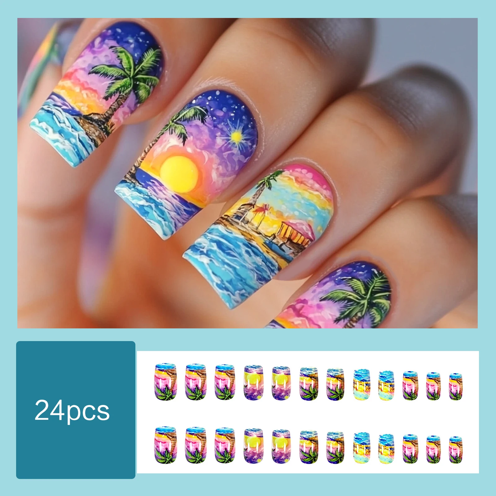เล็บปลอมสไตล์ชายหาดฤดูร้อน 24 ชิ้น ความยาวปานกลาง ทรงเหลี่ยม กดติดเล็บ พิมพ์ลายพระอาทิตย์ตกหลากสี ปิดเต็มเล็บอะคริลิค