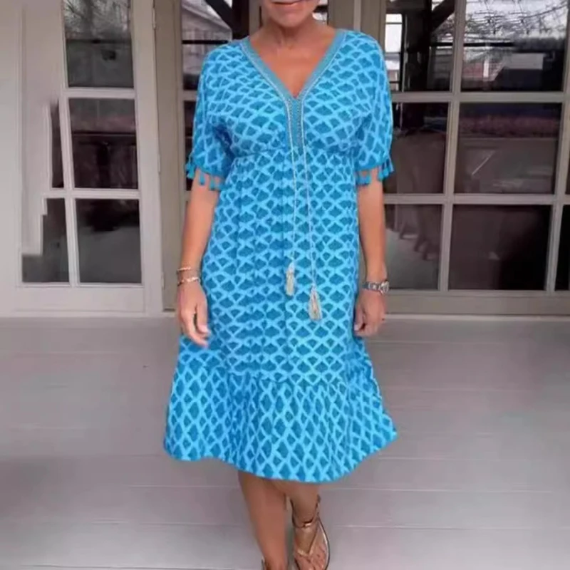 

Женские платья с принтом, длинное платье с короткими рукавами и v-образным вырезом, повседневное платье трапециевидной формы с узкой талией, богемное летнее обычное платье