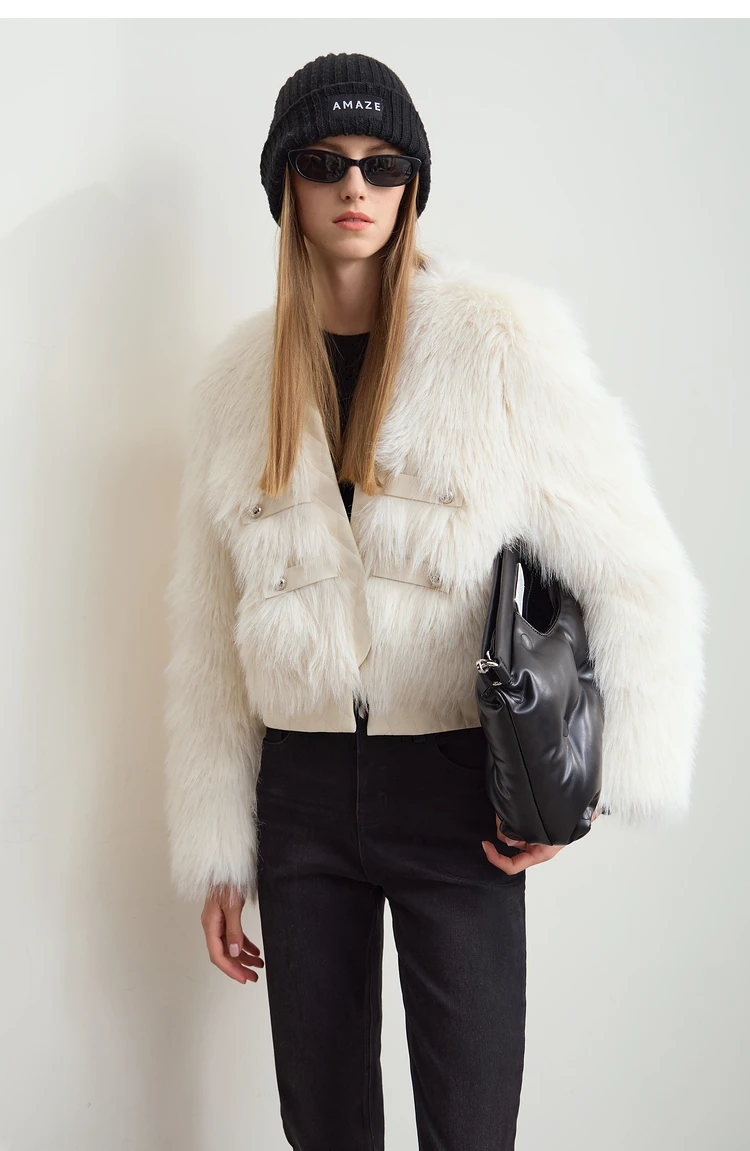 AMII 2026 Winter New Fur Jacket Solid Color Modern Warm Outerwear V-neck Imitation Fur Loose Spliced PU Top Female 12424012