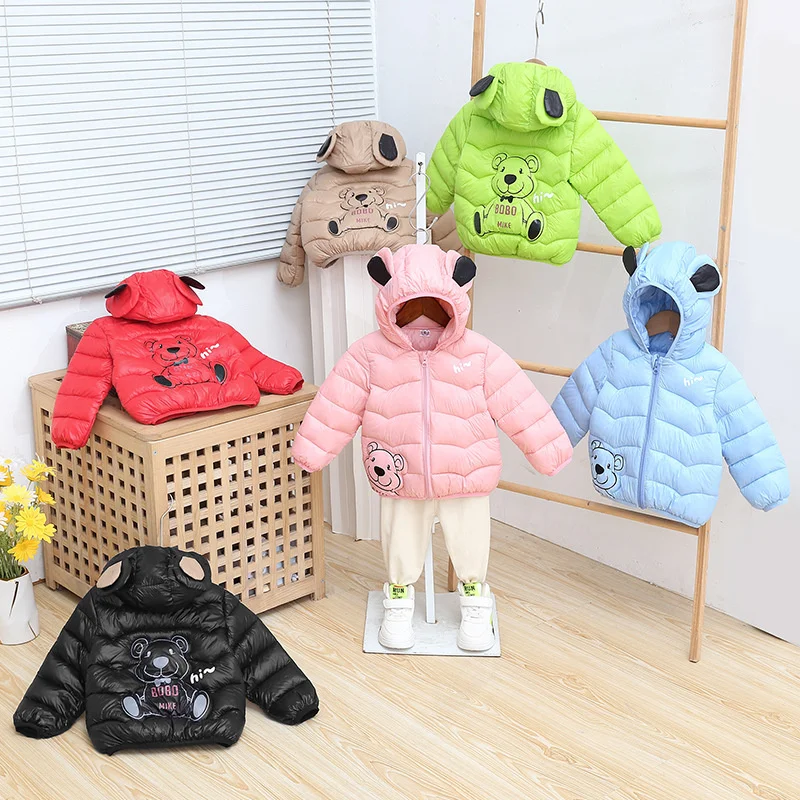 New Kids Warm Down Coats 2024 Winter Boys Girls Thin Jackets Bear Print Zipper Coat Children Hooded Short Outerwear Baby Clothes