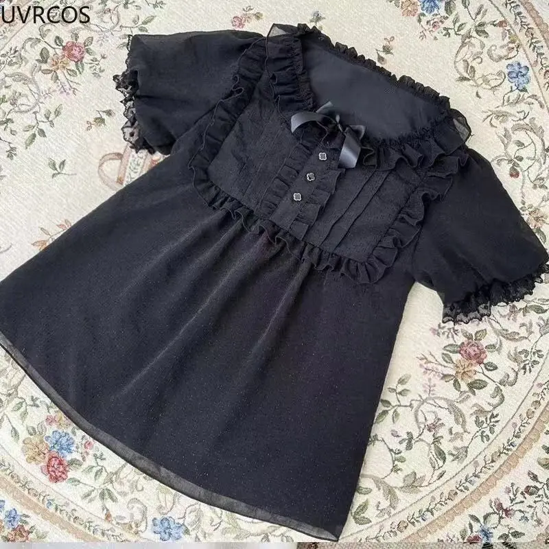 Japanese Kawaii Lace Short Sleeve Lolita Blouse Women Summer Sweet Bow Ruffles O Neck Loose Chiffon Top Victorian Whier Shiirts