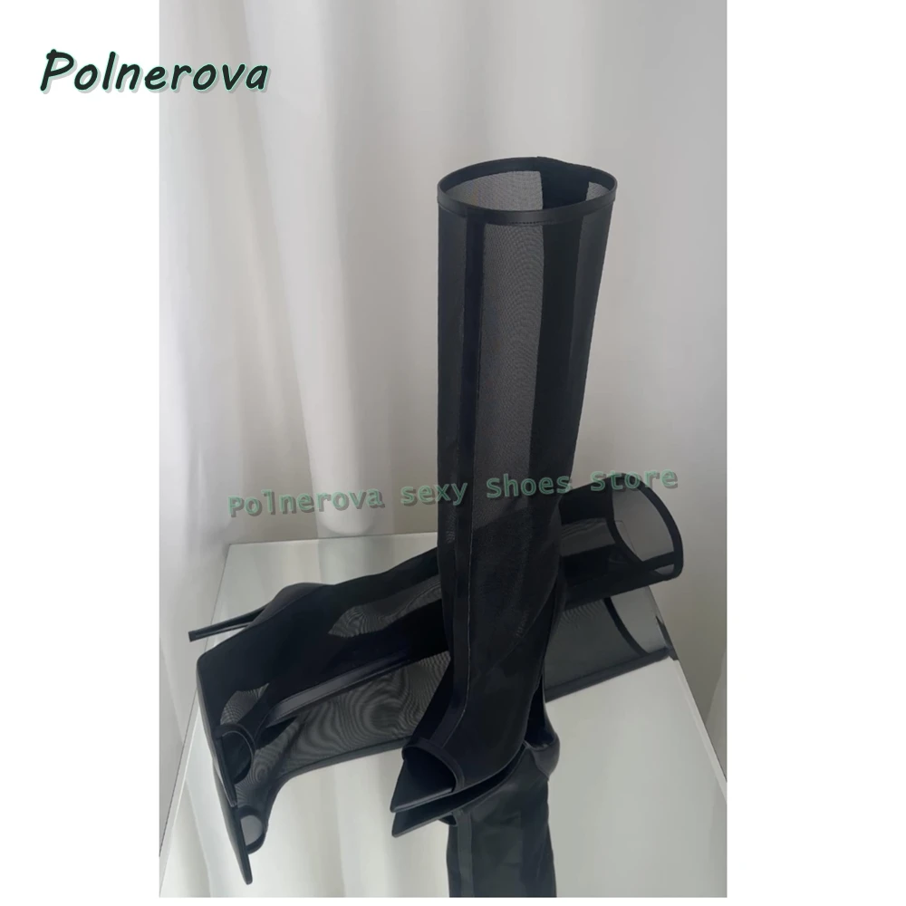 Black Mesh Cut Out Fashion Boots Pointed Toe Stiletto Solid Pull On Women Knee High Boots Spicy Girl Sexy Summer Sandals Trend
