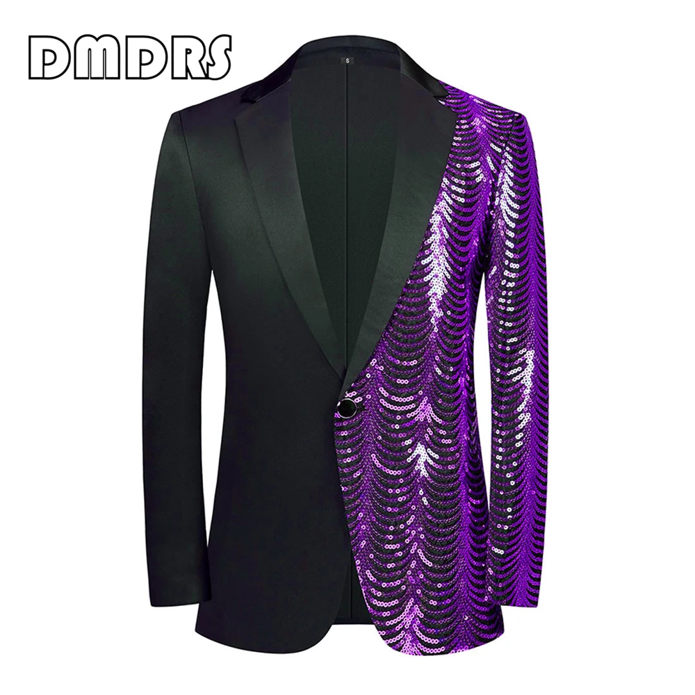 Shiny Sequined Men's Suit Blazer, Single Button Costume Stage Performance Suit Jacket, Real Images Plus Size Suit For Men