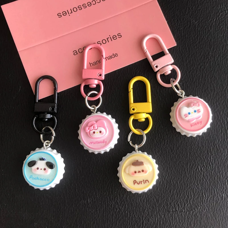 Sweet Sanrio Anime Cinnamoroll Kuromi Melody Purin Pochacco Kt Cat Keychain Pendant Cute Bottle Cap Keychain Bag Decoration