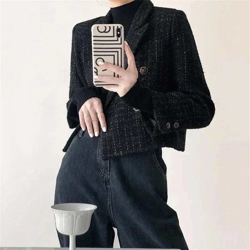 سترات سوداء كلاسيكية للسيدات سترة قصيرة أنيقة كورية للخريف والشتاء من التويد مقصوصة معطف علوي ملابس خارجية غير رسمية كلاسيكية #4