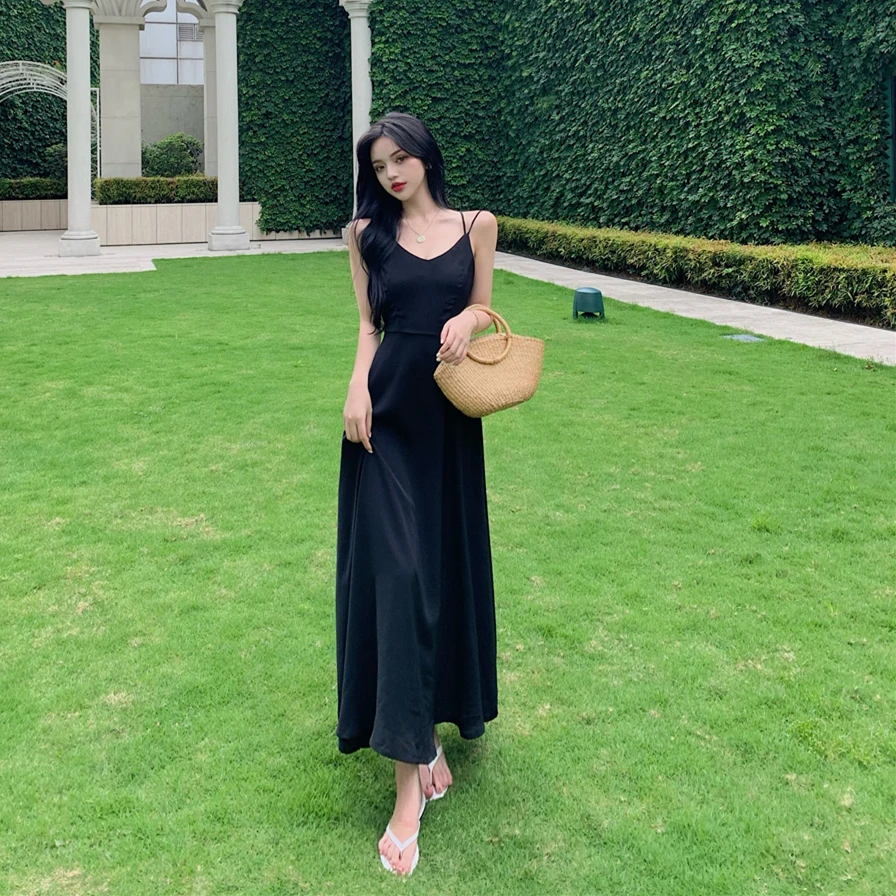 Sexy Bal Strap Dr. Roter Strandrock Damen Sommerurlaub Satin Lang Dr Super Fairy T Maxikleid mit hoher Taille V Ne