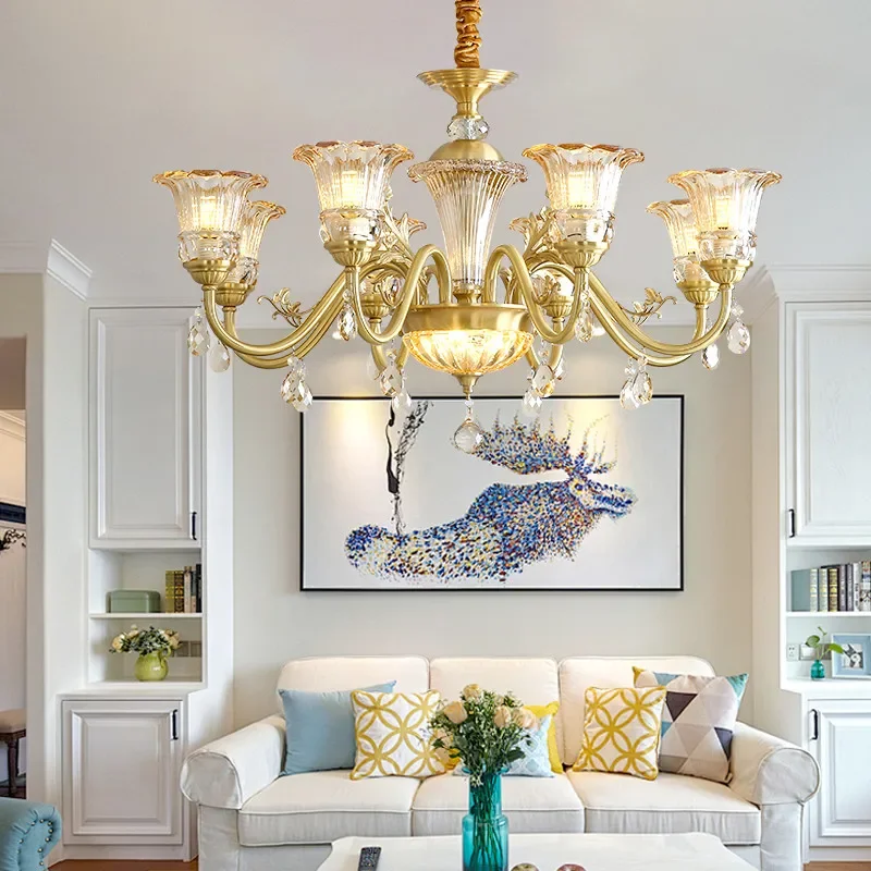 

American Luxury Brass Chandelier Led Retro Creativity Living Room Restaurant Bedroom Study Villa Hotel Cafe Pendant Lamp