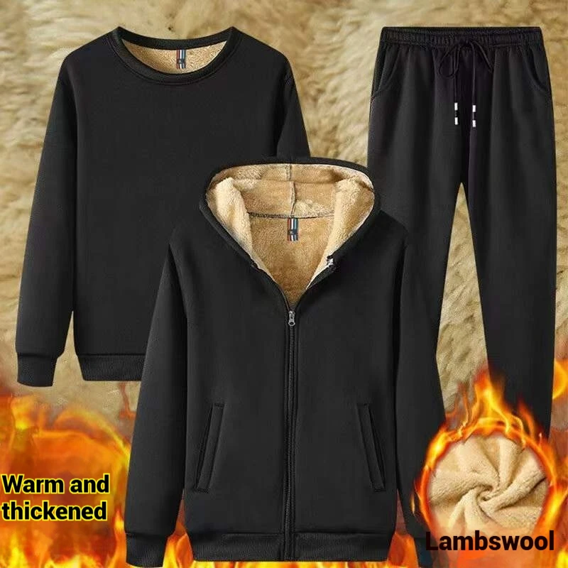 Mens Lamb Fleece Hoodie Pants Set Winter Thick Warm Loose Large Size Outdoor Sports Casual Windproof Cold Protection