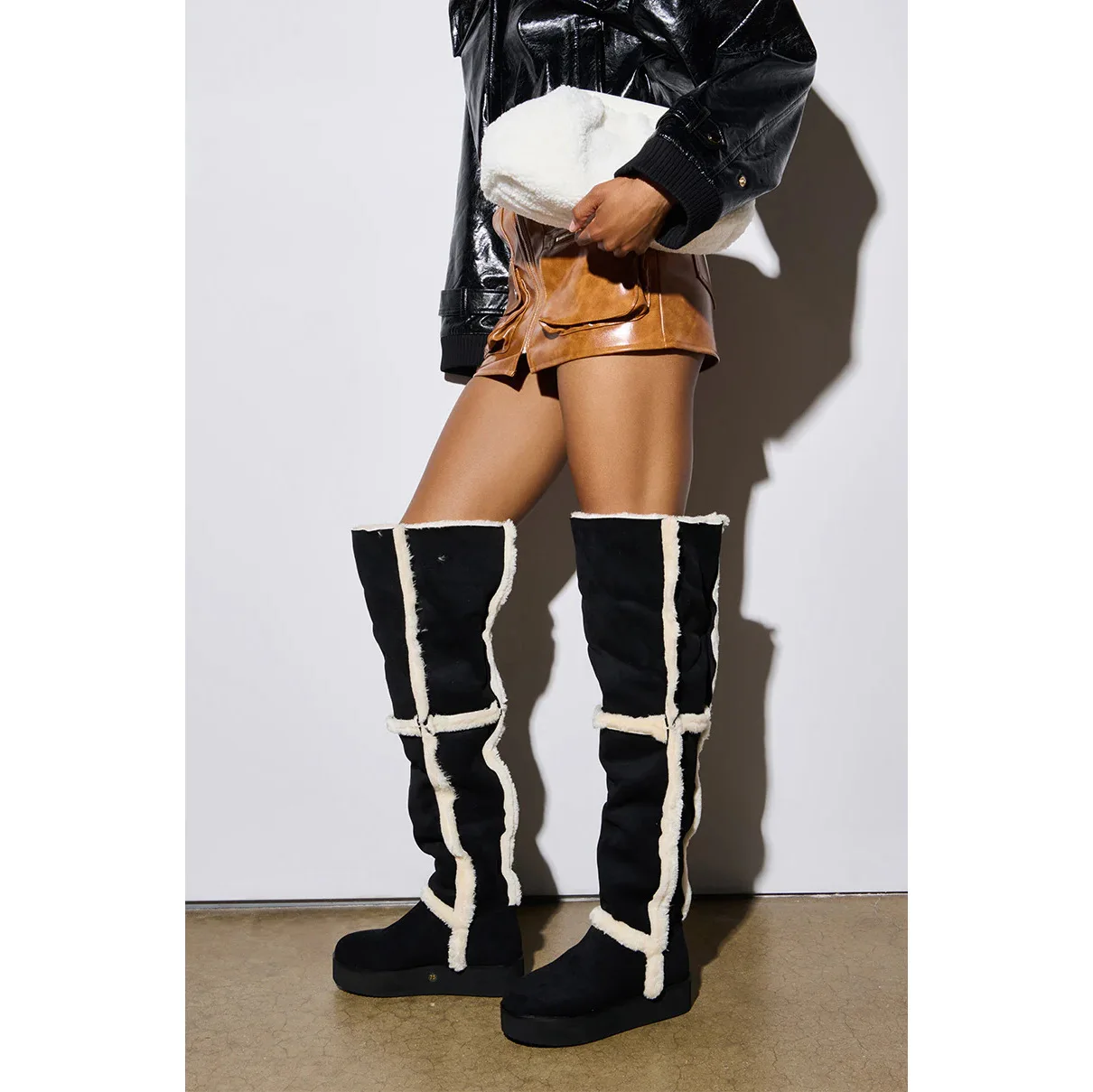 

Punk Style Patchwork Round Toe Over-The-Knee Women Winter Snow Boots High Heels Slip On Design Large Size Warm Shoes