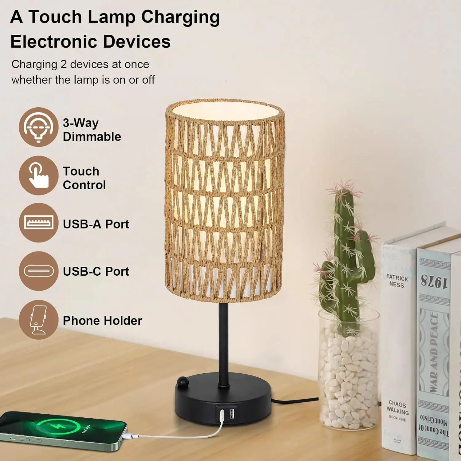 

Touch Table Lamp Set Of 2 For Bedroom With Bulb, Boho Small Desk Lamp For Living Room With Rattan & Linen Shade, 3 Way Dimmable