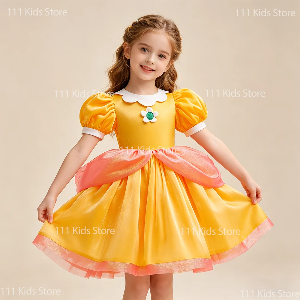 

Cartoon Princess Daisy Cosplay Costume Girls Evening Dress Anime Game Peach Princess Roleplay Tutu Dress Children Summer Dress