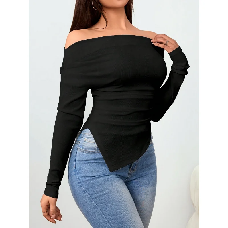 

A Women'S Off-Shoulder Asymmetrical Hem-Shirt with Gathered Shoulders
