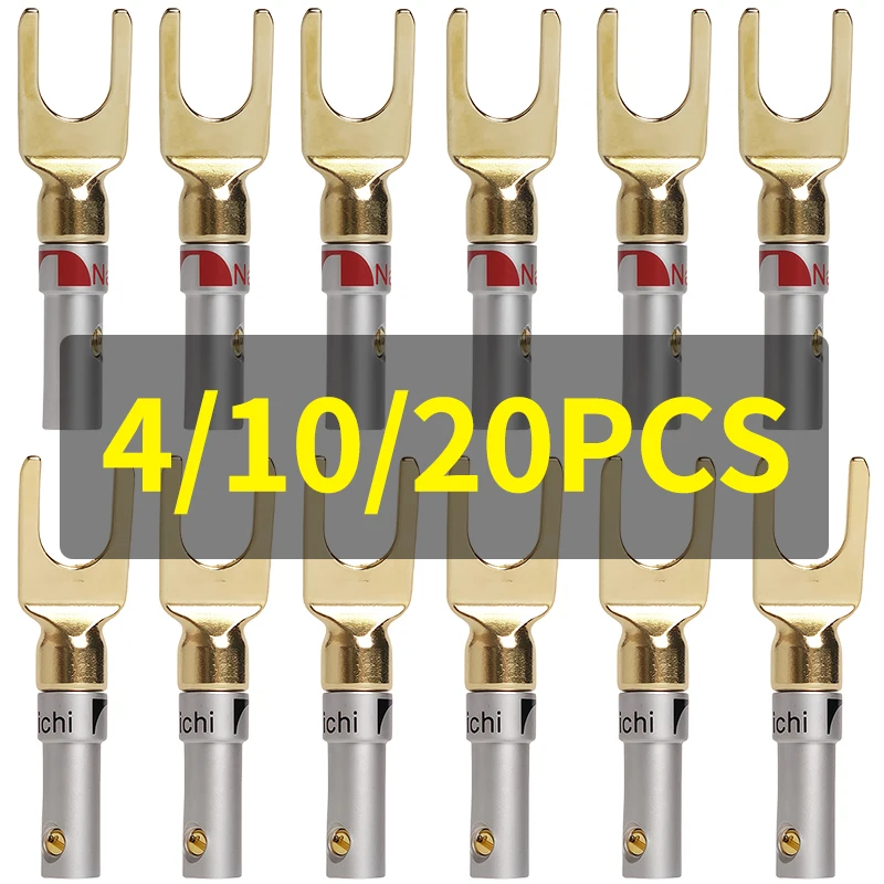 4/10/20 pcs Gold Plated Copper Spade Connectors (Y/U Type) - for Speaker Wire to Banana Socket & Amplifier Binding Post