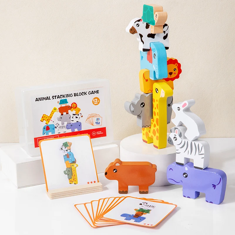 Wooden Animal Stacking Block Game Shape Matching Puzzle Balance Toy Montessori Fine Motor Training Educational Toys For Children